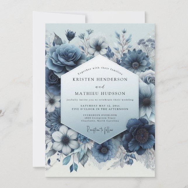 Slate Blue Bloom Romance Wedding Einladung (Vorderseite)