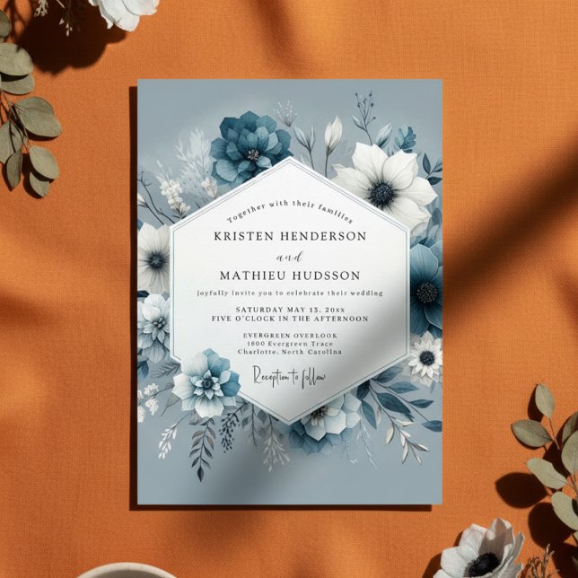 Slate Blue Bloom Romance Wedding Einladung (Von Creator hochgeladen)