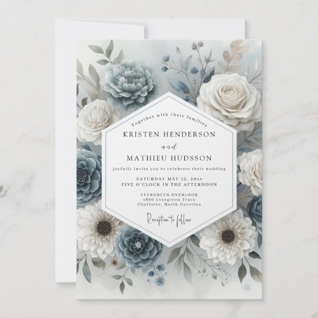 Slate Blue Bloom Romance Wedding Einladung (Vorderseite)