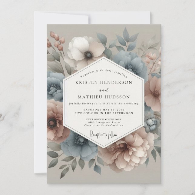 Slate Blue Blush Hazy Bloom Wedding Einladung (Vorderseite)