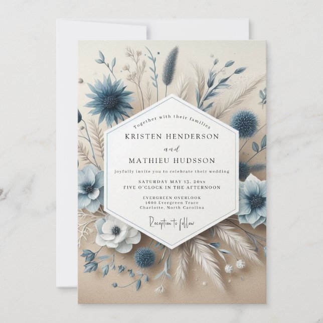 Slate Blue Botanical Whimsical Wedding Einladung (Vorderseite)