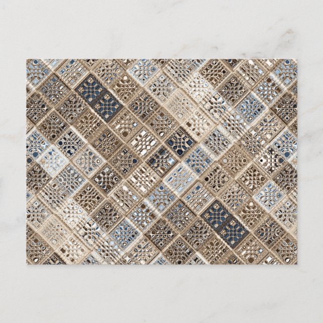 Slate Blue Brown Sari Mosaik Muster Art Postkarte (Vorderseite)