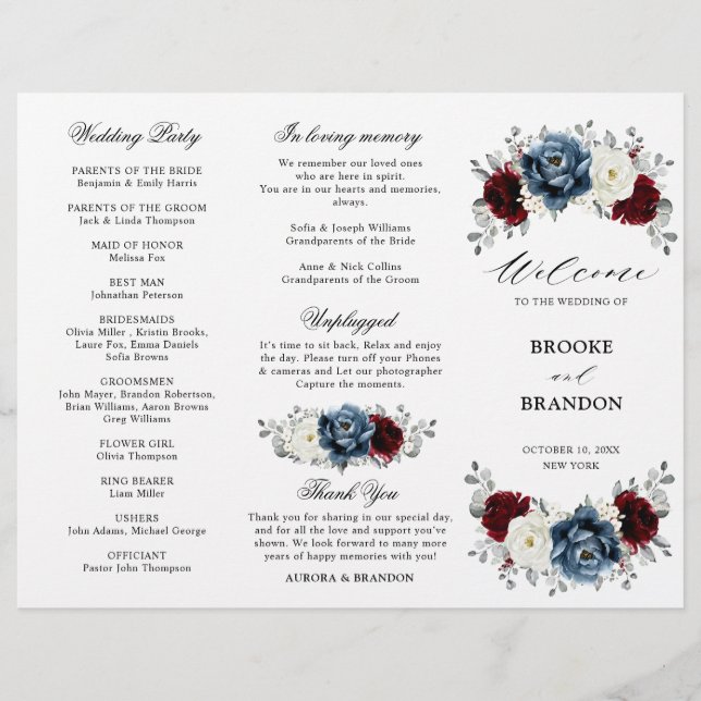 Slate Blue Burgundy Boho Wedding Tri-Fold Programm (Vorderseite)