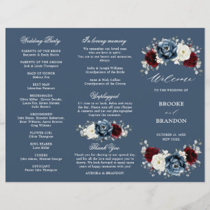 Slate Blue Burgundy Boho Wedding Tri-Fold Programm