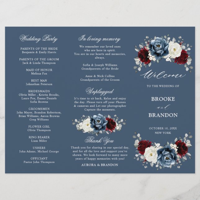 Slate Blue Burgundy Boho Wedding Tri-Fold Programm (Vorderseite)