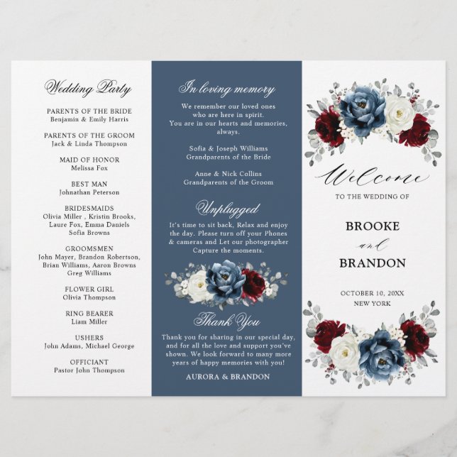 Slate Blue Burgundy Boho Wedding Tri-Fold Programm (Vorderseite)