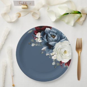 Slate Blue Burgundy White Elvory Floral Wedding Pa Pappteller