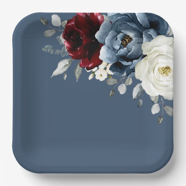 Slate Blue Burgundy White Elvory Floral Wedding Pa Pappteller (Vorderseite)