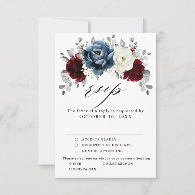 Slate Blue Burgundy White Ivory Bluoral Wedding RSVP Karte (Vorderseite)