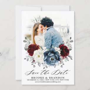 Slate Blue Burgundy White Ivory Bluoral Wedding Save The Date