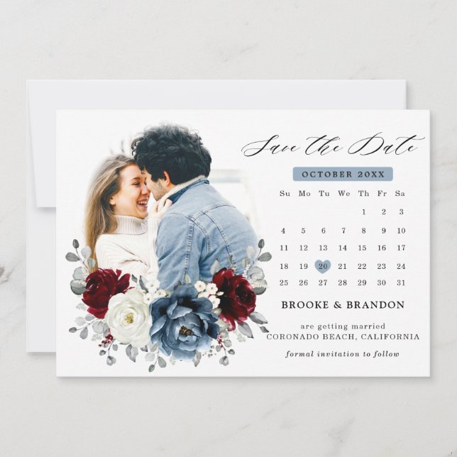Slate Blue Burgundy White Ivory Bluoral Wedding Save The Date (Vorderseite)