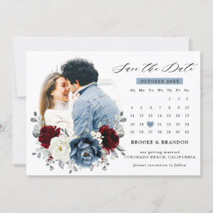 Slate Blue Burgundy White Ivory Bluoral Wedding Save The Date