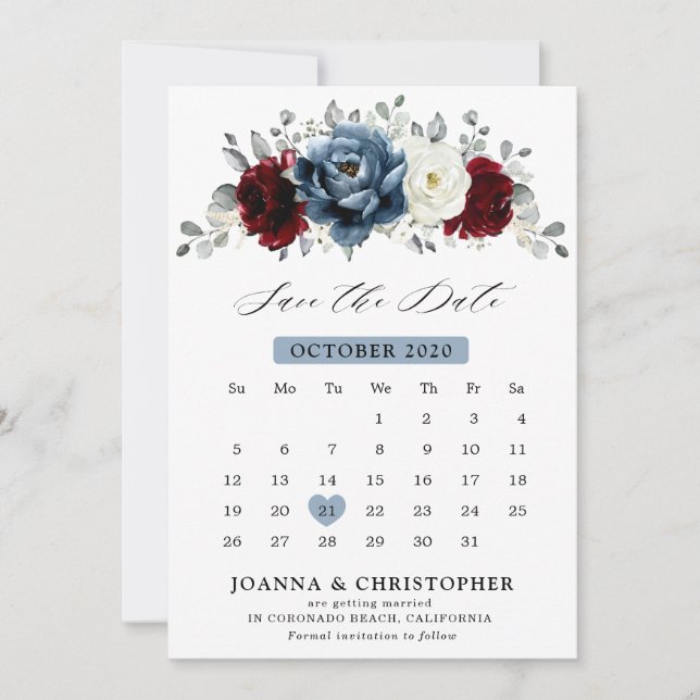 Slate Blue Burgundy White Ivory Bluoral Wedding Save The Date (Vorderseite)
