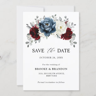 Slate Blue Burgundy White Ivory Bluoral Wedding Save The Date
