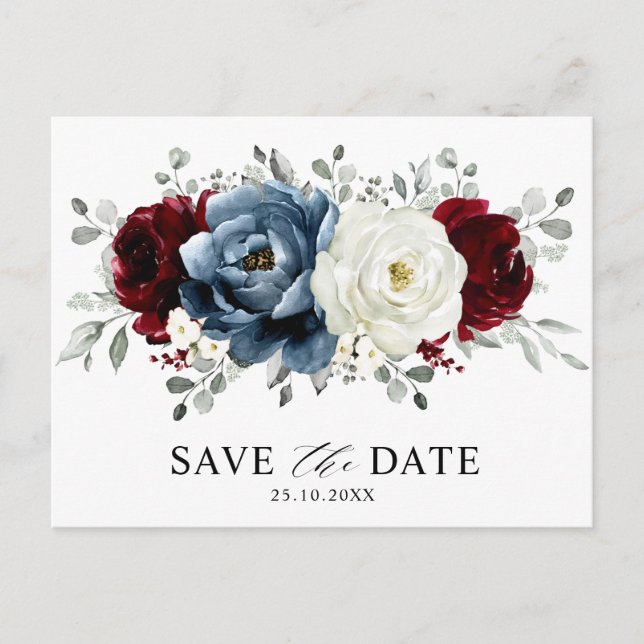 Slate Blue Burgundy White Ivory Boho Save the Date Postkarte (Vorderseite)