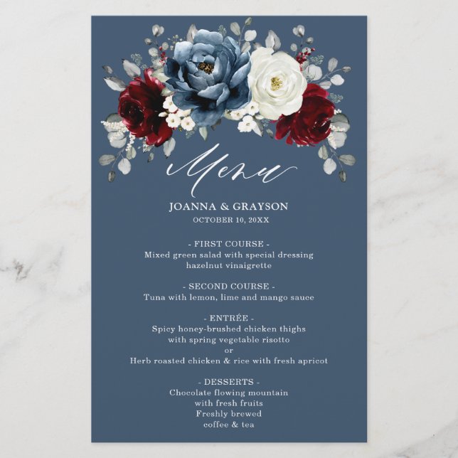Slate Blue Burgundy White Ivory Boho Wedding Menu (Vorderseite)