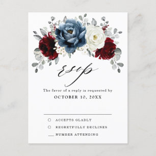 Slate Blue Burgundy White Ivory Boho Wedding RSVP Postkarte