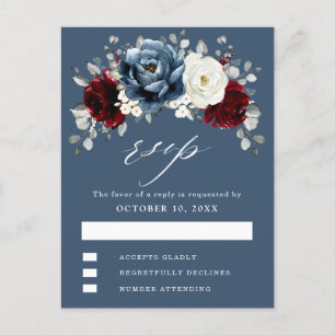 Slate Blue Burgundy White Ivory Boho Wedding RSVP Postkarte