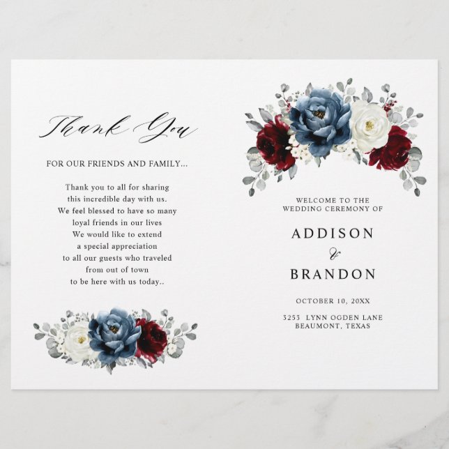 Slate Blue Burgundy White Ivory Floral Program (Vorderseite)