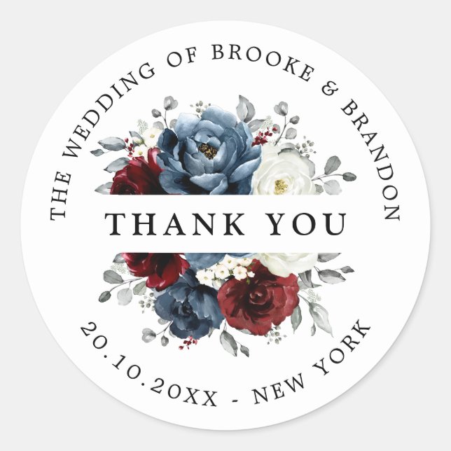 Slate Blue Burgundy White Ivory Floral Vielen Dank Runder Aufkleber (Vorderseite)