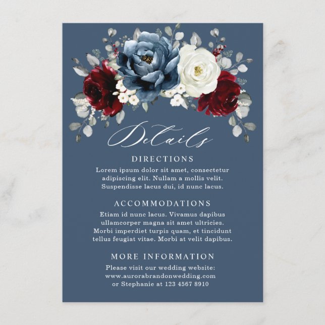 Slate Blue Burgundy White Ivory Floral Wedding En Begleitkarte (Vorderseite)