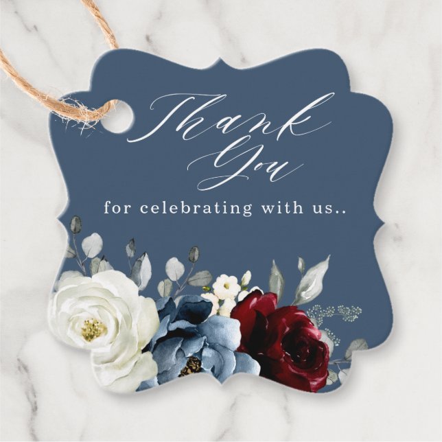 Slate Blue Burgundy White Ivory Floral Wedding Fa Geschenkanhänger (Vorderseite)