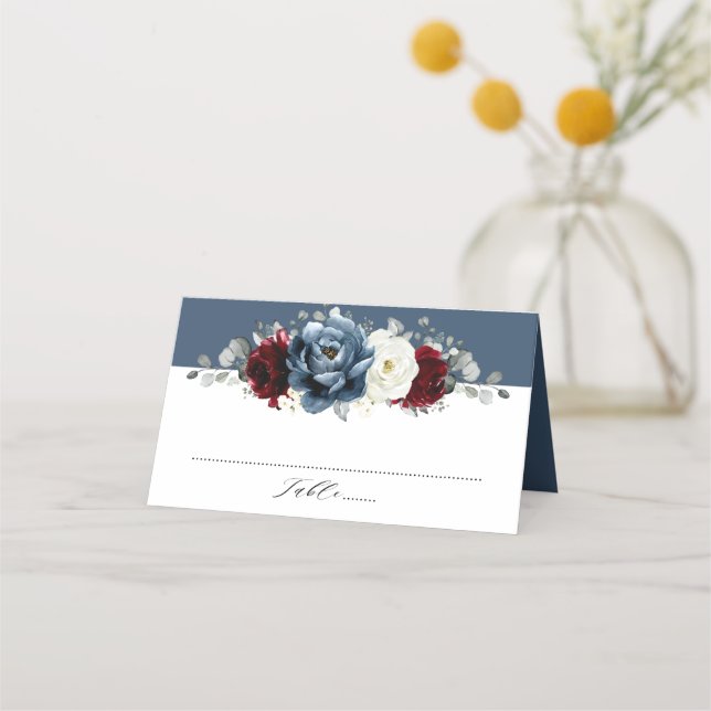 Slate Blue Burgundy White Ivory Floral Wedding Pl Platzkarte (Vorderseite)