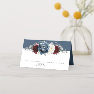 Slate Blue Burgundy White Ivory Floral Wedding Pl Platzkarte