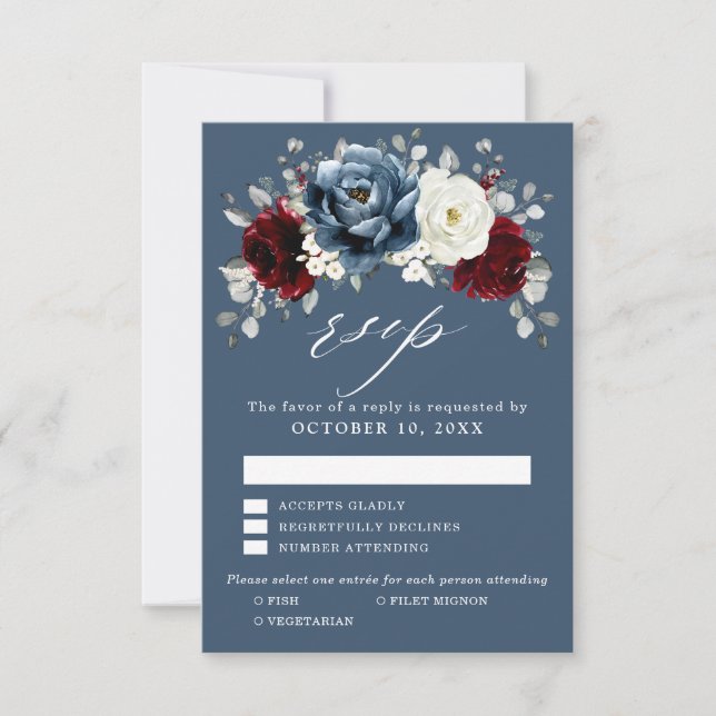 Slate Blue Burgundy White Ivory Floral Wedding RS RSVP Karte (Vorderseite)