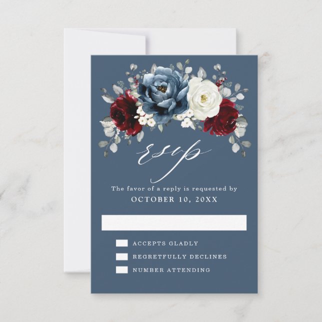 Slate Blue Burgundy White Ivory Floral Wedding RS RSVP Karte (Vorderseite)