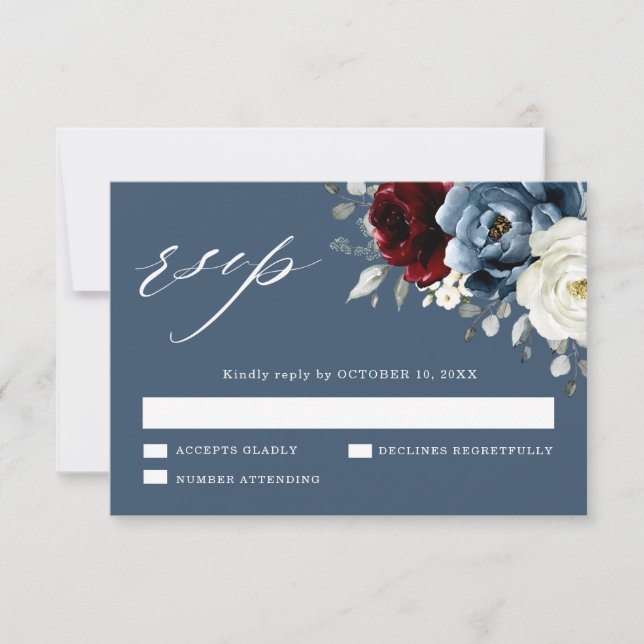 Slate Blue Burgundy White Ivory Floral Wedding RSV RSVP Karte (Vorderseite)