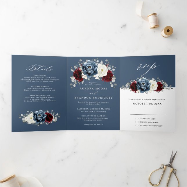 Slate Blue Burgundy White Ivory Floral Wedding Tr Dreifach Gefaltete Ankündigung (Innenseite)