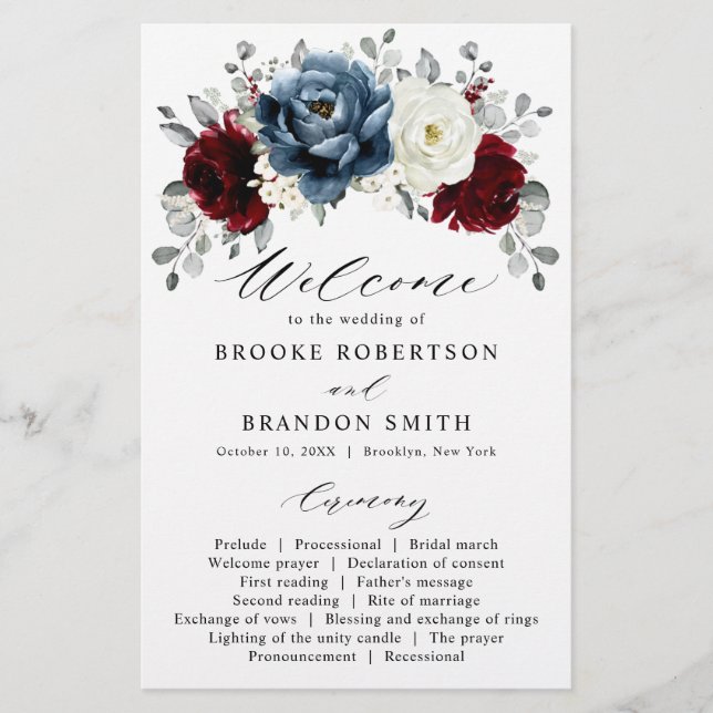 Slate Blue Burgundy White Ivory Wedding Program (Vorderseite)