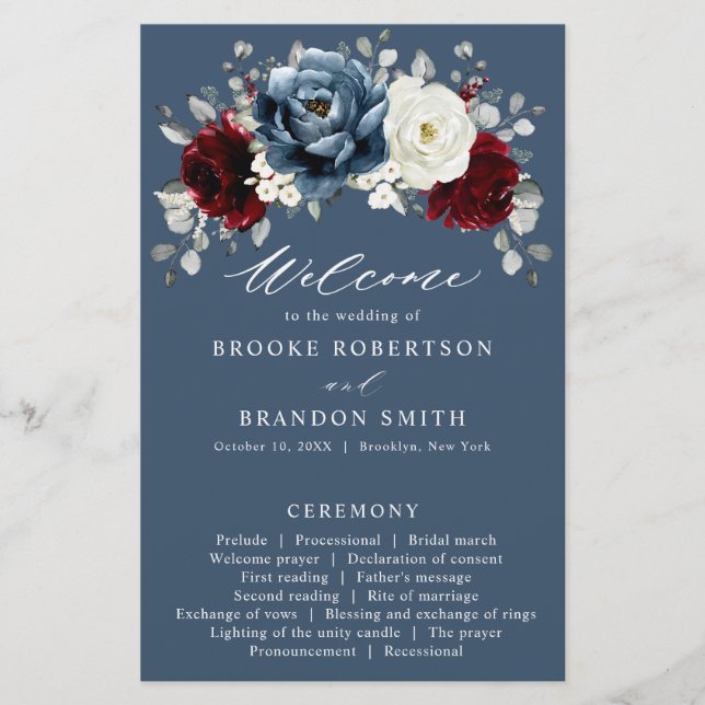 Slate Blue Burgundy White Ivory Wedding Program (Vorderseite)