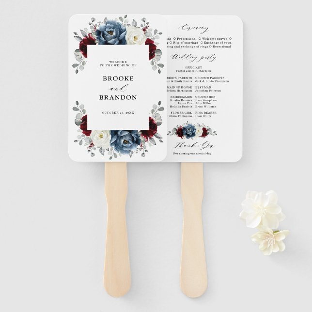 Slate Blue Burgundy White Ivory Wedding Program Fächer (Vorne und Hinten)