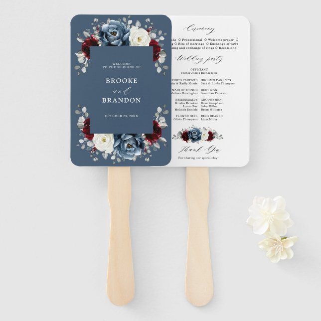 Slate Blue Burgundy White Ivory Wedding Program Fächer (Vorne und Hinten)