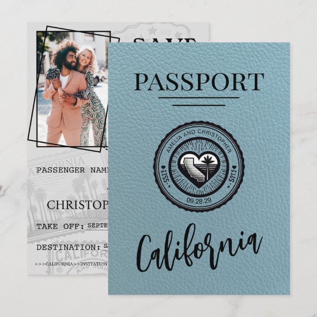 Slate Blue California Passport Save the Date (Vorne/Hinten)
