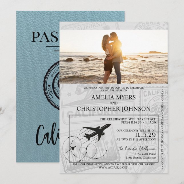 Slate Blue California Passport Wedding Einladung (Vorne/Hinten)