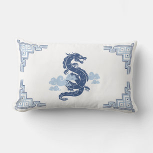 Slate Blue Chinoiserie Dragon and Clouds Lendenkissen