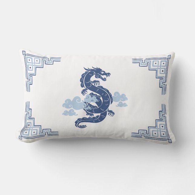 Slate Blue Chinoiserie Dragon and Clouds Lendenkissen (Vorderseite)