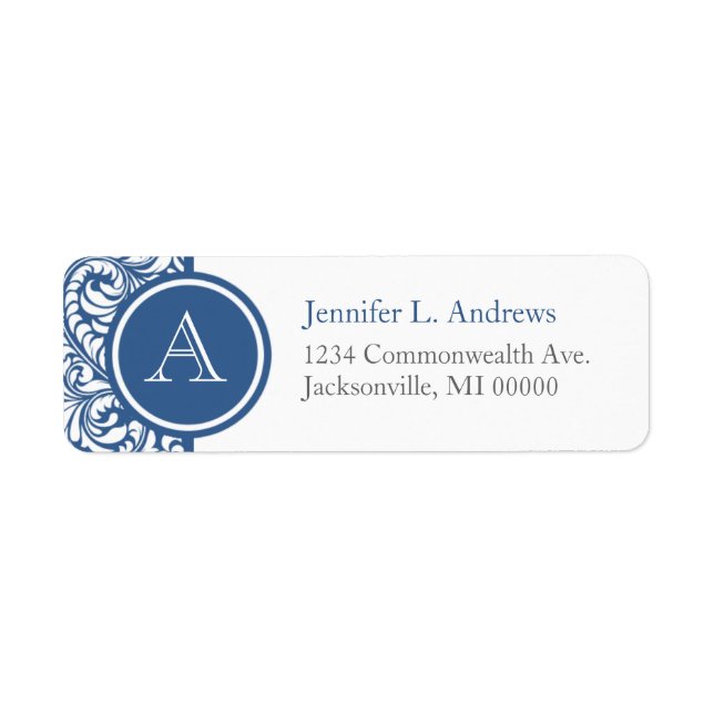 Slate Blue Damask Monogram Address Return Labels (Vorne)