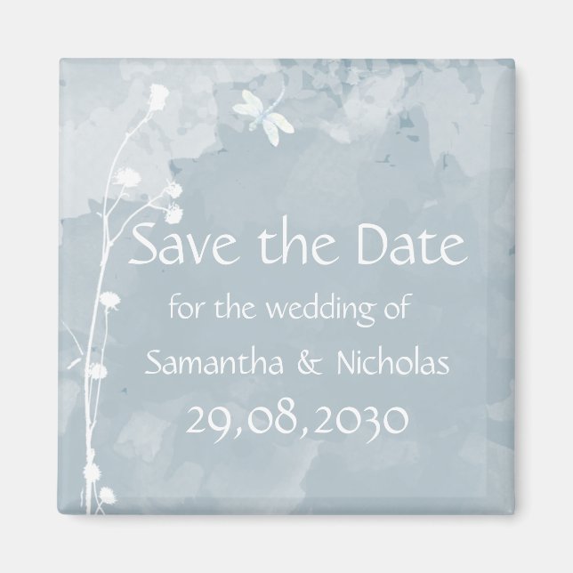 Slate Blue Dragonfly Weiße Blume Save the Date Magnet (Vorne)