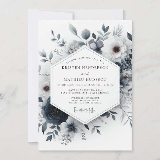 Slate Blue Ethereal Bloom Wedding Einladung (Vorderseite)