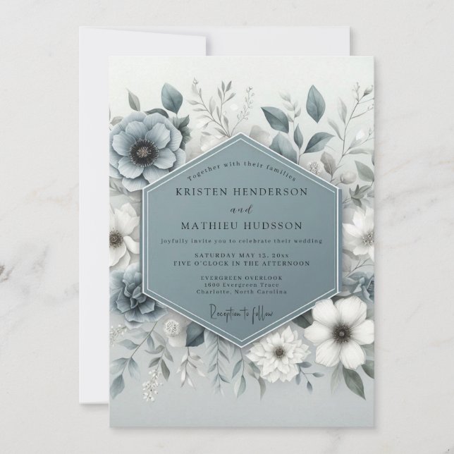 Slate Blue Ethereal Botanical Wedding Einladung (Vorderseite)