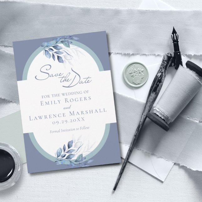 Slate Blue Eukalyptus Wedding Save the Date Card Einladung (Von Creator hochgeladen)