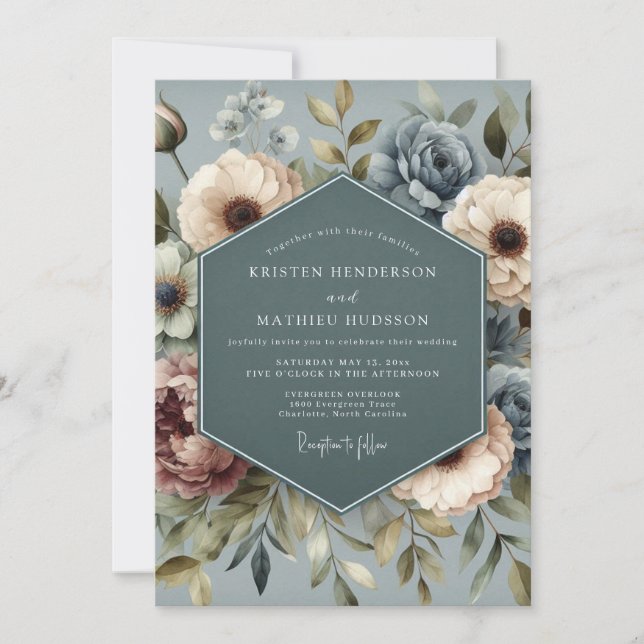 Slate Blue Faded Posy Wedding Einladung (Vorderseite)