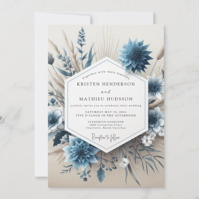 Slate Blue Floral Autumn Wedding Einladung (Vorderseite)