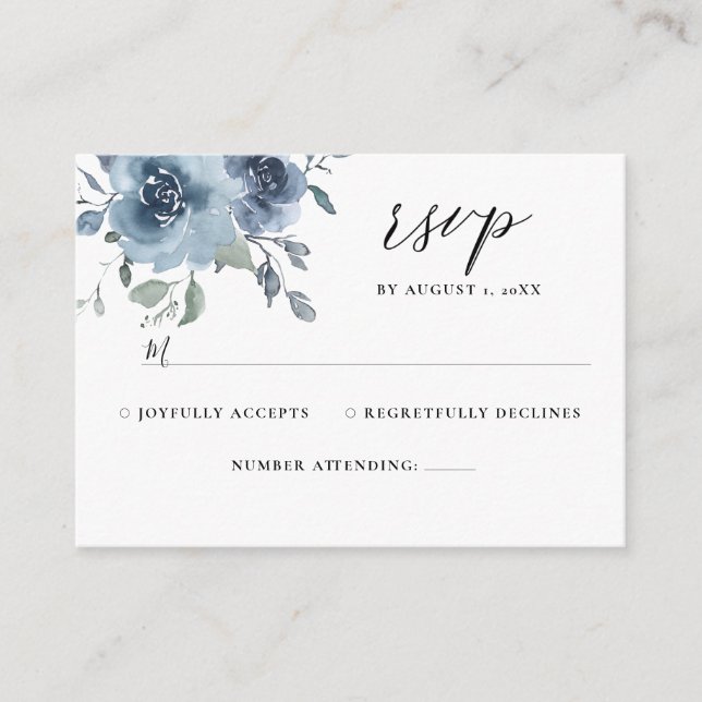 Slate Blue Floral Dusty Pastel Wedding RSVP Begleitkarte (Vorderseite)