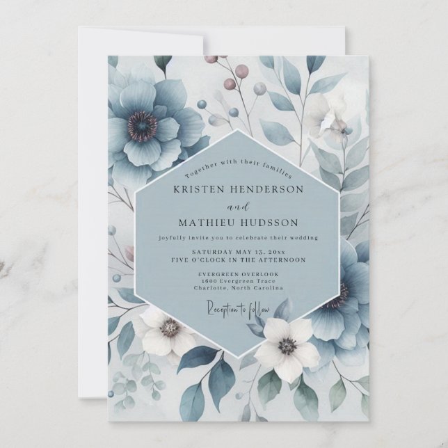 Slate Blue Floral Harmony Wedding Einladung (Vorderseite)