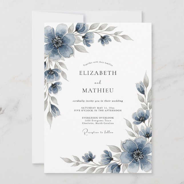 Slate Blue Floral Romantic Wedding Einladung (Vorderseite)